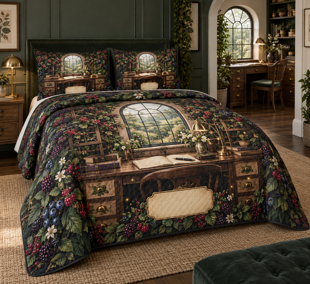 One quilted bedding set with an elegant walnut garden studio desk beneath an arched window, symmetrical blackberry, raspberry, blueberry and currant trellises, brass lamp, blank notebook, fountain pen, unlabeled drawers, cream blossoms, amber fireflies and a blank parchment plaque.