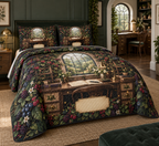 One quilted bedding set with an elegant walnut garden studio desk beneath an arched window, symmetrical blackberry, raspberry, blueberry and currant trellises, brass lamp, blank notebook, fountain pen, unlabeled drawers, cream blossoms, amber fireflies and a blank parchment plaque.