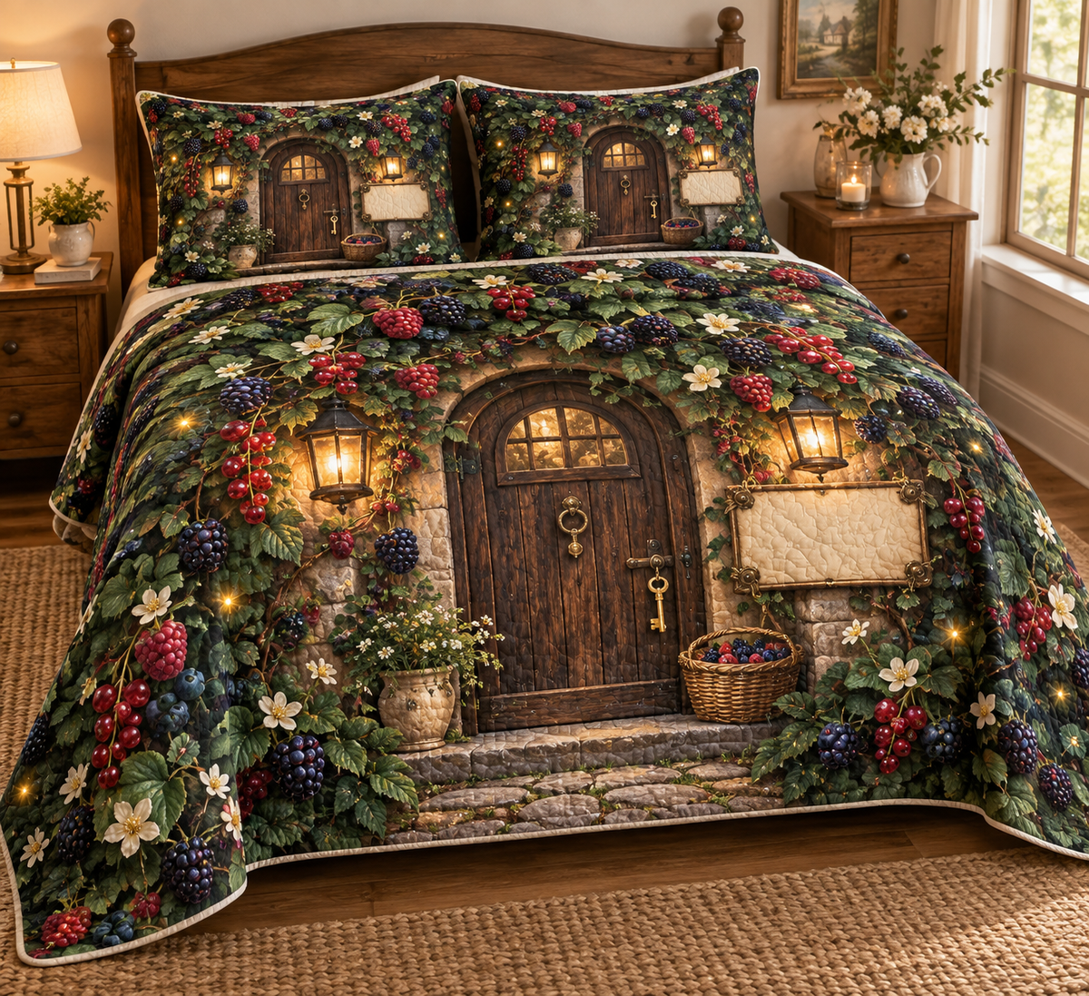 One quilted bedding set with an arched cottage front door beneath blackberry, raspberry, blueberry and red-currant vines, jewel-like berries, deep leaves, cream blossoms, warm twin lanterns, antique brass key, berry basket, amber fireflies and a blank parchment plaque.