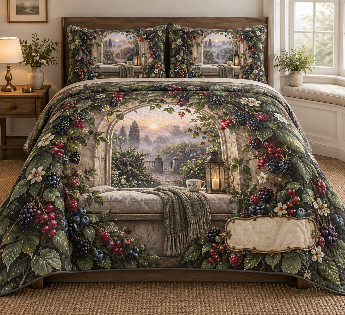 One quilted bedding set with a serene arched window seat overlooking a misty berry garden, linen cushion, folded knit throw, ceramic tea cup, slender candle lantern, blackberry, raspberry, blueberry and red-currant brambles, jewel-like berries, sage leaves, cream blossoms, dew drops, amber fireflies and a blank parchment plaque.