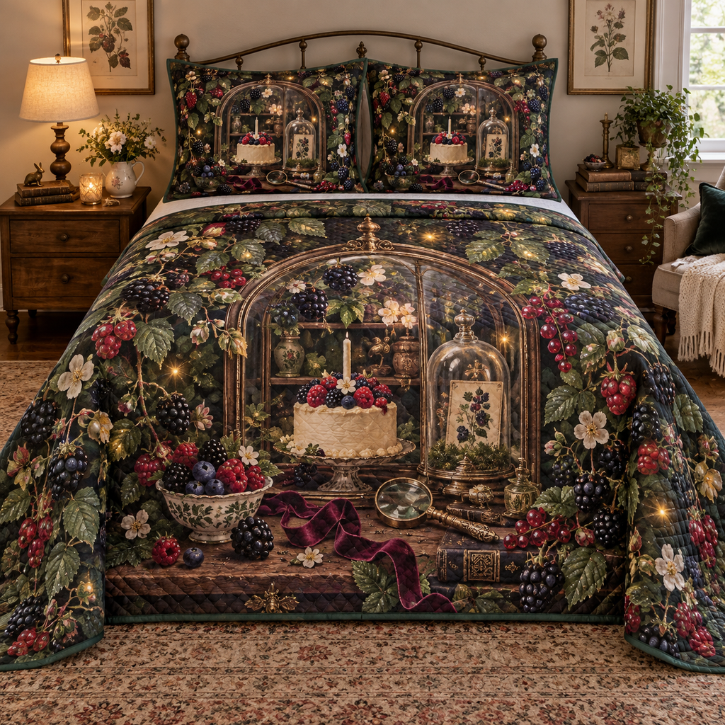 One quilted bedding set with an ornate arched curiosity cabinet, cascading blackberry, raspberry, blueberry and red-currant brambles, jewel-like berries, cream blossoms, a numberless berry cake, crystal cloche, antique brass magnifying glass, velvet ribbon, amber fireflies and a blank ivory plaque.