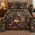 One quilted bedding set with an ornate arched curiosity cabinet, cascading blackberry, raspberry, blueberry and red-currant brambles, jewel-like berries, cream blossoms, a numberless berry cake, crystal cloche, antique brass magnifying glass, velvet ribbon, amber fireflies and a blank ivory plaque.
