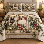 One quilted bedding set with a coordinated trio of slim antique-brass botanical frames, flowing blackberry, raspberry, blueberry and red-currant brambles, jewel-like berries, sage leaves, cream blossoms, glass vase, warm picture lights, amber fireflies and a blank ivory plaque.