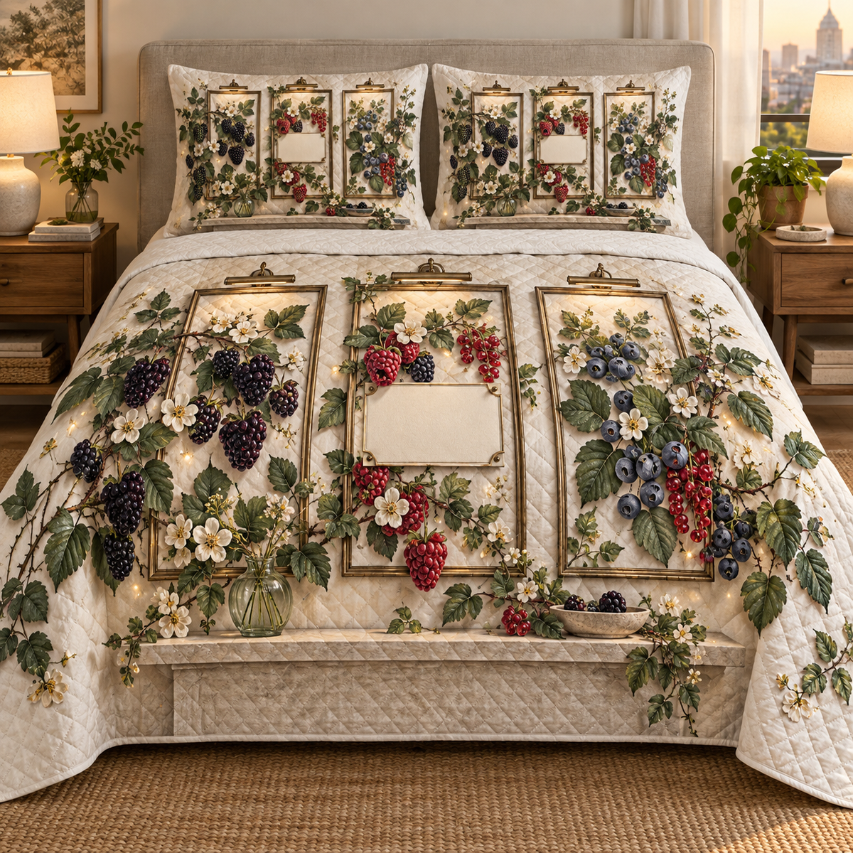 One quilted bedding set with a coordinated trio of slim antique-brass botanical frames, flowing blackberry, raspberry, blueberry and red-currant brambles, jewel-like berries, sage leaves, cream blossoms, glass vase, warm picture lights, amber fireflies and a blank ivory plaque.