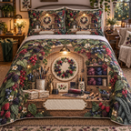 One quilted bedding set with an arched craft pegboard alcove, berry-dyed yarn, a berry-wreath embroidery hoop, printmaking brayer, carving tools, brushes, brass scissors, handmade paper, blackberry, raspberry, blueberry and red-currant brambles, amber lights and a blank ivory studio plaque.
