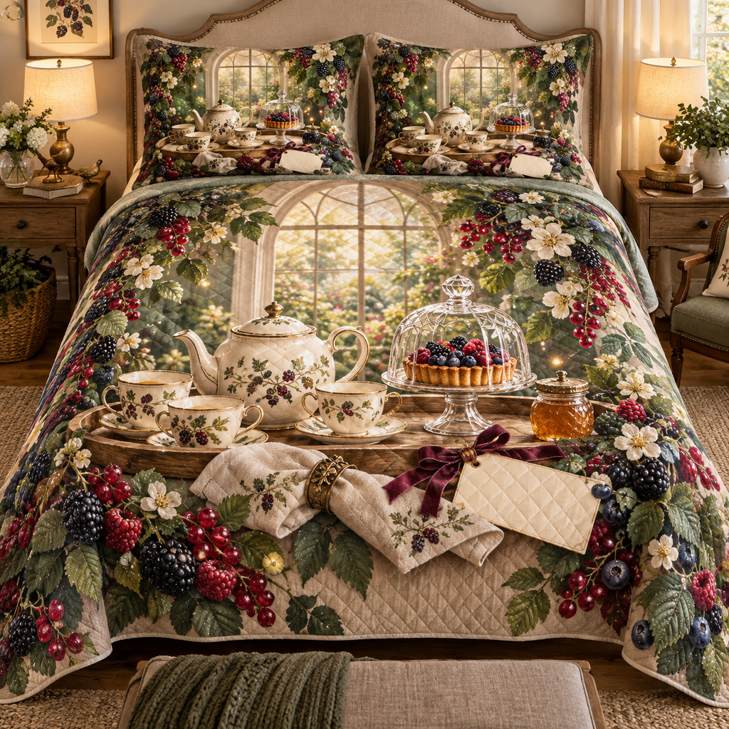 One quilted bedding set with a softly glowing arched garden window, ivory teapot and two cups on a walnut tray, berry tart under a glass cloche, folded linen napkin, honey jar, blackberry, raspberry, blueberry and red-currant brambles, amber fireflies and a blank ivory plaque.