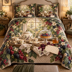 One quilted bedding set with a softly glowing arched garden window, ivory teapot and two cups on a walnut tray, berry tart under a glass cloche, folded linen napkin, honey jar, blackberry, raspberry, blueberry and red-currant brambles, amber fireflies and a blank ivory plaque.