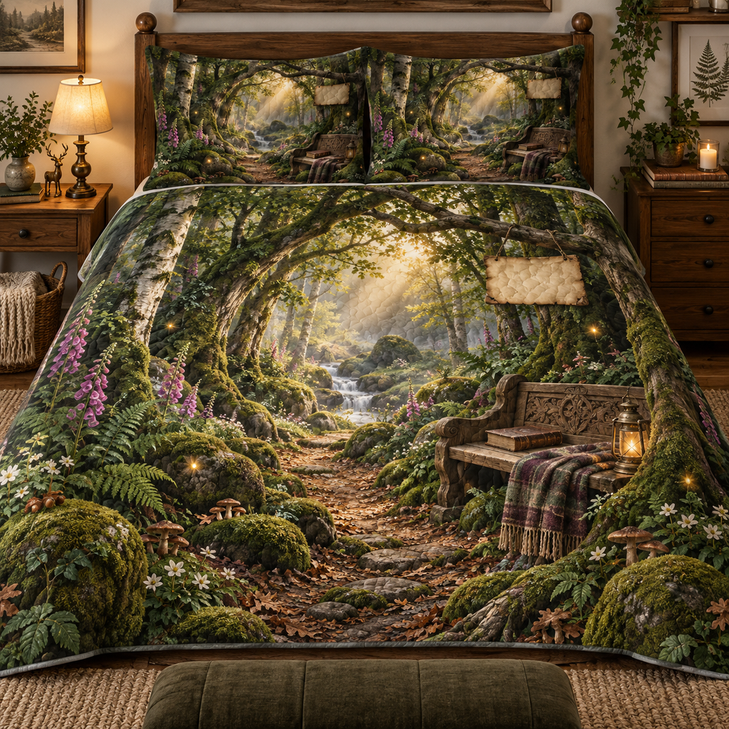 One quilted bedding set with a mossy woodland trail beneath arched beech and birch trees, a carved reading bench, closed leather-bound book, folded wool throw, antique brass lantern, ferns, mushrooms, foxgloves, acorns, mist, golden sunbeams, amber fireflies and a blank parchment plaque.
