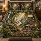 One quilted bedding set with a mossy woodland trail beneath arched beech and birch trees, a carved reading bench, closed leather-bound book, folded wool throw, antique brass lantern, ferns, mushrooms, foxgloves, acorns, mist, golden sunbeams, amber fireflies and a blank parchment plaque.