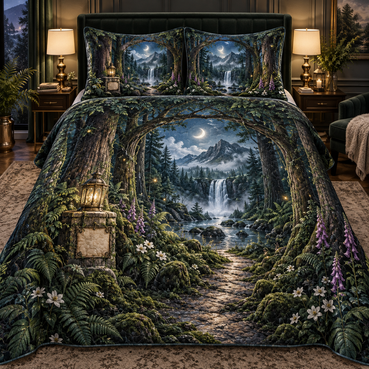 One quilted bedding set with a moonlit woodland avenue framed by towering cedar trunks and intertwined branches, a winding path toward a silver waterfall and misty mountain ridge, ferns, moss, white flowers, foxgloves, dew, an antique brass lantern, crescent moon, fireflies and a blank parchment plaque.