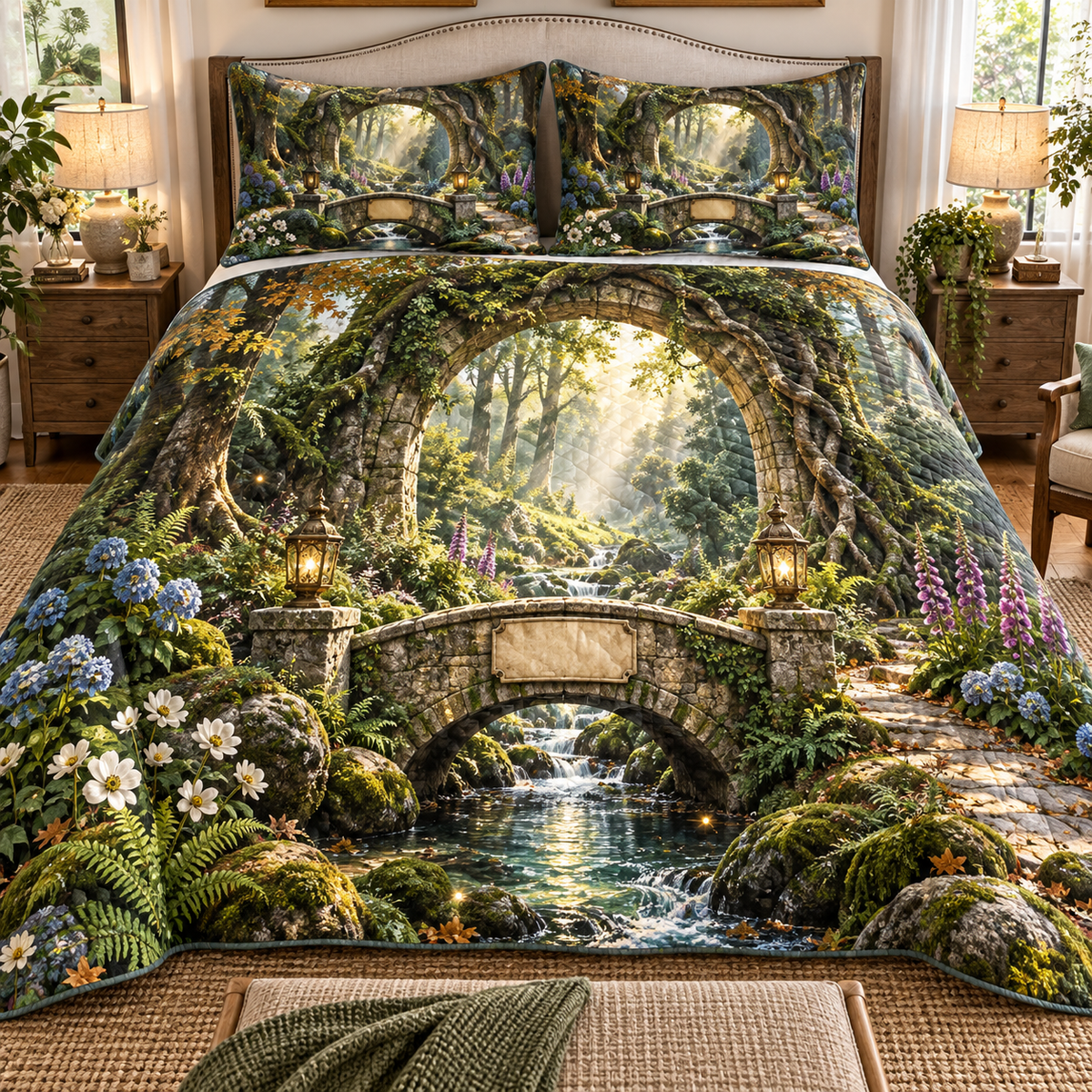 One quilted bedding set with a monumental moss-covered stone arch entwined with roots, a sweeping path crossing an arched stone bridge over a clear woodland stream, a radiant fern glade, hydrangea, anemones, foxgloves, golden light, two antique brass lanterns and a blank parchment plaque.