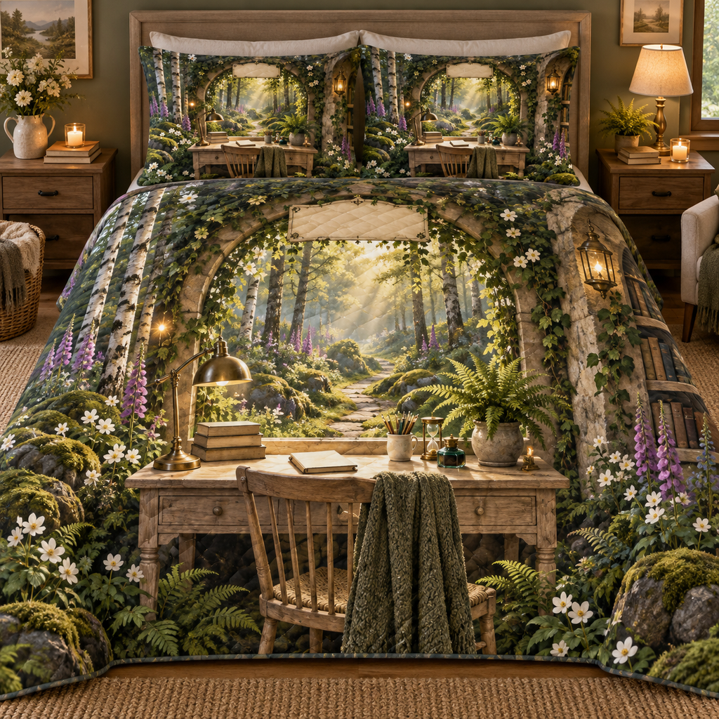One quilted bedding set with a woodland study pavilion inside a mossy stone arch, a pale-oak writing desk, antique brass lamp, fern, blank books, white anemones, purple foxgloves, golden sunbeams, soft mist, fireflies, a winding forest path and a blank parchment name plaque.