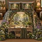 One quilted bedding set with a woodland study pavilion inside a mossy stone arch, a pale-oak writing desk, antique brass lamp, fern, blank books, white anemones, purple foxgloves, golden sunbeams, soft mist, fireflies, a winding forest path and a blank parchment name plaque.