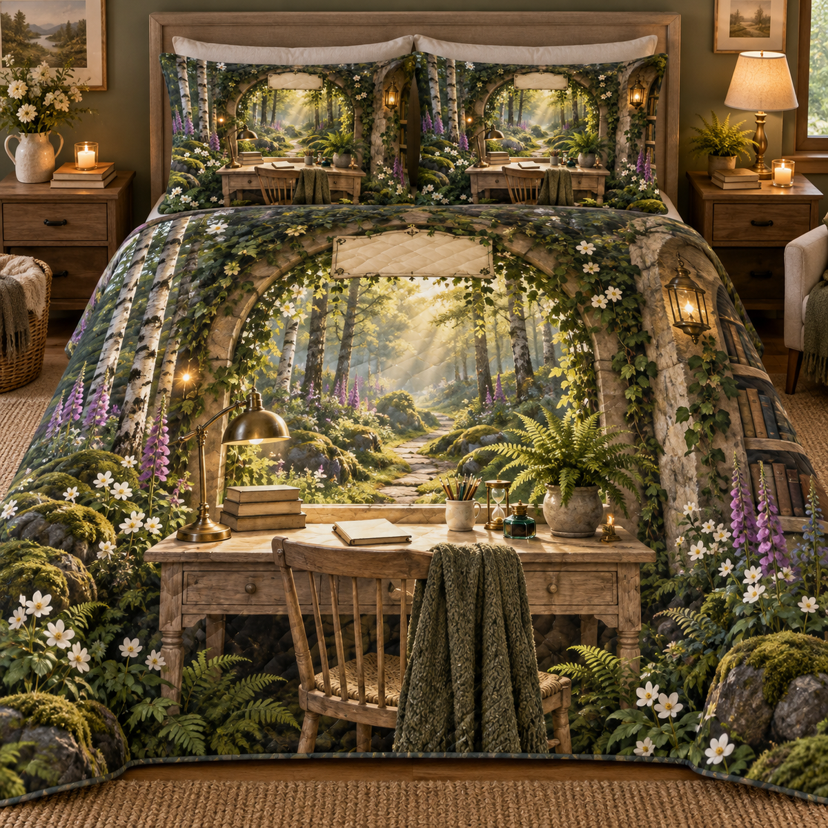 One quilted bedding set with a woodland study pavilion inside a mossy stone arch, a pale-oak writing desk, antique brass lamp, fern, blank books, white anemones, purple foxgloves, golden sunbeams, soft mist, fireflies, a winding forest path and a blank parchment name plaque.