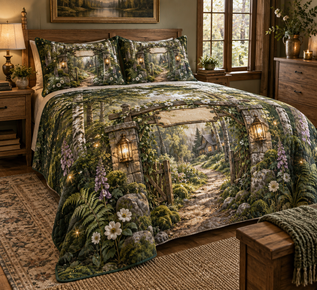 One quilted bedding set with a welcoming woodland cottage gate formed by mossy stone pillars and a timber pergola, a winding sunlit forest path leading toward a warm distant home, ferns, birch trees, white anemones, violet foxgloves, amber fireflies, two brass lanterns and a blank parchment name plaque.