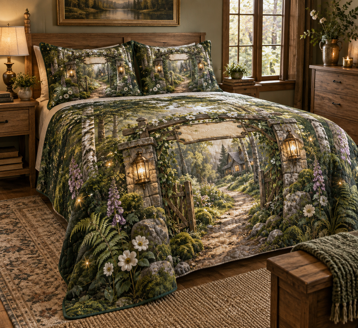 One quilted bedding set with a welcoming woodland cottage gate formed by mossy stone pillars and a timber pergola, a winding sunlit forest path leading toward a warm distant home, ferns, birch trees, white anemones, violet foxgloves, amber fireflies, two brass lanterns and a blank parchment name plaque.