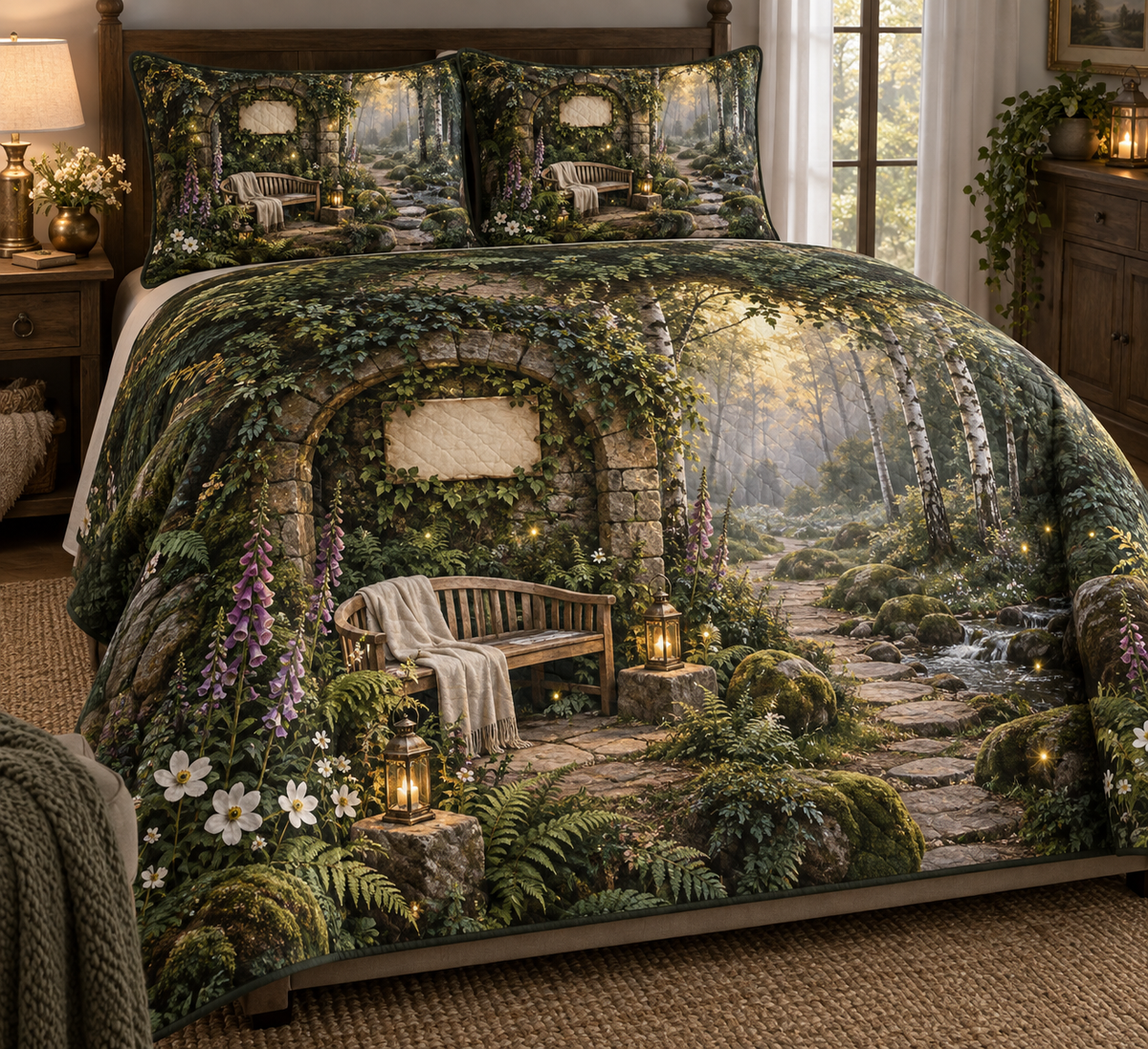 One quilted bedding set with a secluded woodland resting alcove framed by a mossy stone arch, a pale-oak bench with a folded linen throw, a winding path between birch trees, layered ferns, mossy boulders, white anemones, violet foxgloves, two brass lanterns, golden light and a blank parchment name plaque.