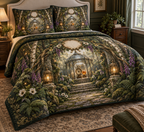 One quilted bedding set with a grand enchanted woodland path framed by an ornate mossy stone arch and sculptural roots, a glass garden pavilion displaying an antique brass compass and faceted amber keepsake beneath a cloche, birch trees, ferns, anemones, foxgloves, lanterns and a blank parchment medallion.