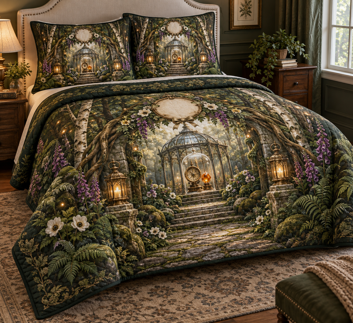 One quilted bedding set with a grand enchanted woodland path framed by an ornate mossy stone arch and sculptural roots, a glass garden pavilion displaying an antique brass compass and faceted amber keepsake beneath a cloche, birch trees, ferns, anemones, foxgloves, lanterns and a blank parchment medallion.