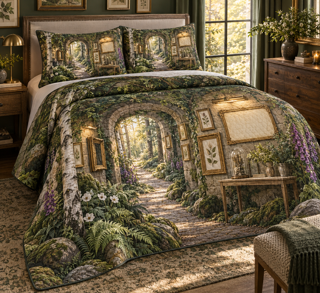One quilted bedding set with a winding sunlit forest path through a mossy stone gallery arcade, curated antique-gold botanical frames, pressed-flower shadow boxes, birch trees, ferns, anemones, foxgloves, a slim pale-oak console, brass picture lights and a blank parchment name plaque.