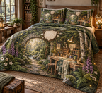 One quilted bedding set with a creative woodland studio pavilion built into a mossy stone arch beside a winding forest path, a pale-oak workbench, organized paintbrushes, thread spools, carving tools, folded fabric, specimen drawers, birch trees, ferns, anemones, foxgloves, brass task lamps and a blank parchment crest.