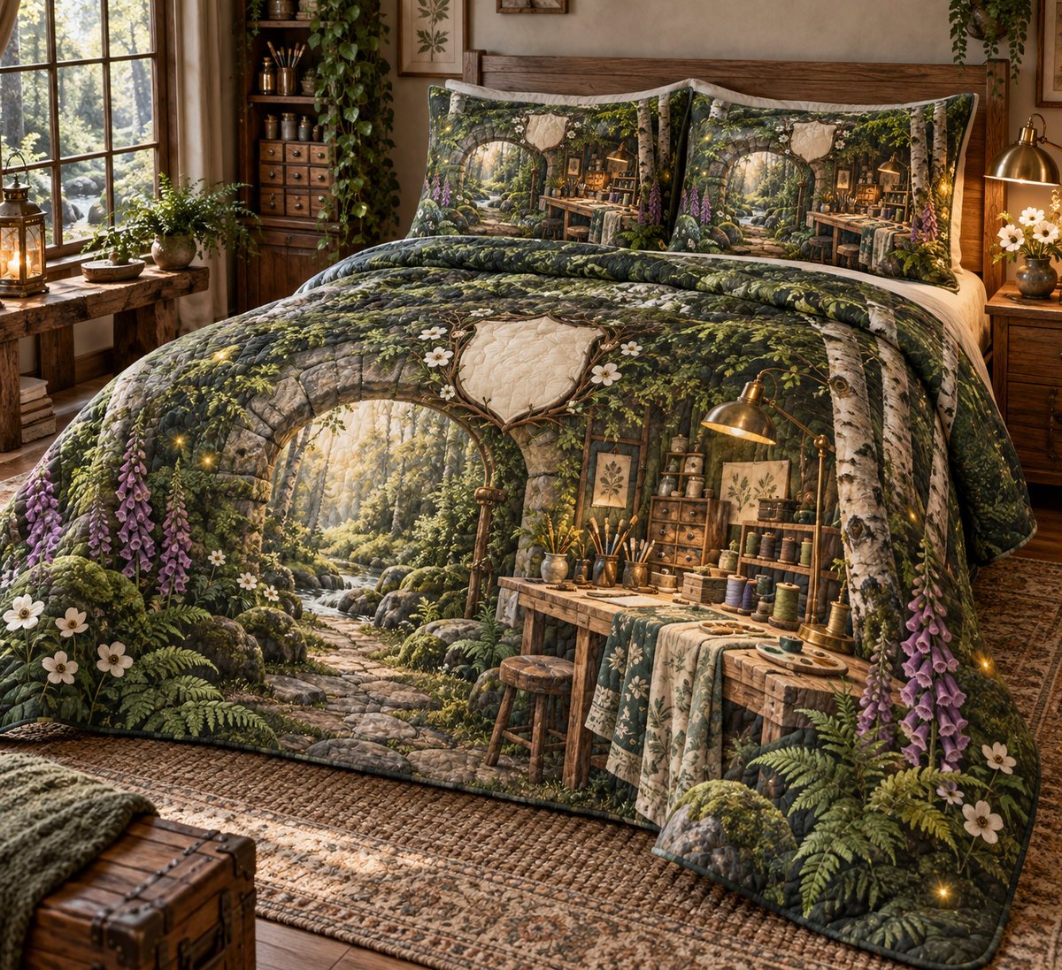 One quilted bedding set with a creative woodland studio pavilion built into a mossy stone arch beside a winding forest path, a pale-oak workbench, organized paintbrushes, thread spools, carving tools, folded fabric, specimen drawers, birch trees, ferns, anemones, foxgloves, brass task lamps and a blank parchment crest.