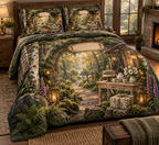 One quilted bedding set with a gracious woodland welcome pavilion beside a winding sunlit path, a mossy stone arch, birch trees, pale-oak console, covered cake stand, ceramic teapot and cups, white anemones, botanical gift box, ferns, foxgloves, brass lanterns and a blank parchment name plaque.
