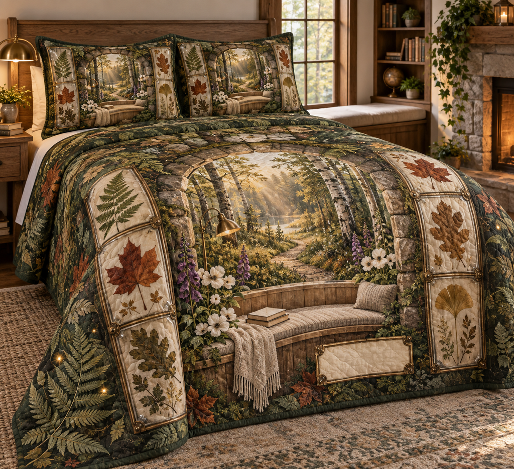 One quilted bedding set with a cozy woodland reading alcove, mossy stone arch, pale-oak window seat, closed blank-cover books, birch trees, winding path, pressed fern, maple, oak and ginkgo leaf panels, white anemones, violet foxgloves, brass reading lamp, amber fireflies and a blank parchment name plaque.