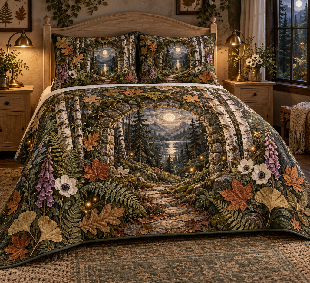 One quilted bedding set with a dramatic moonlit woodland bedroom, mossy stone arch, birch trunks, forest path, pressed fern, maple, oak and ginkgo leaves, white anemones, violet foxgloves, antique brass lamps, amber fireflies and a blank parchment name plaque.