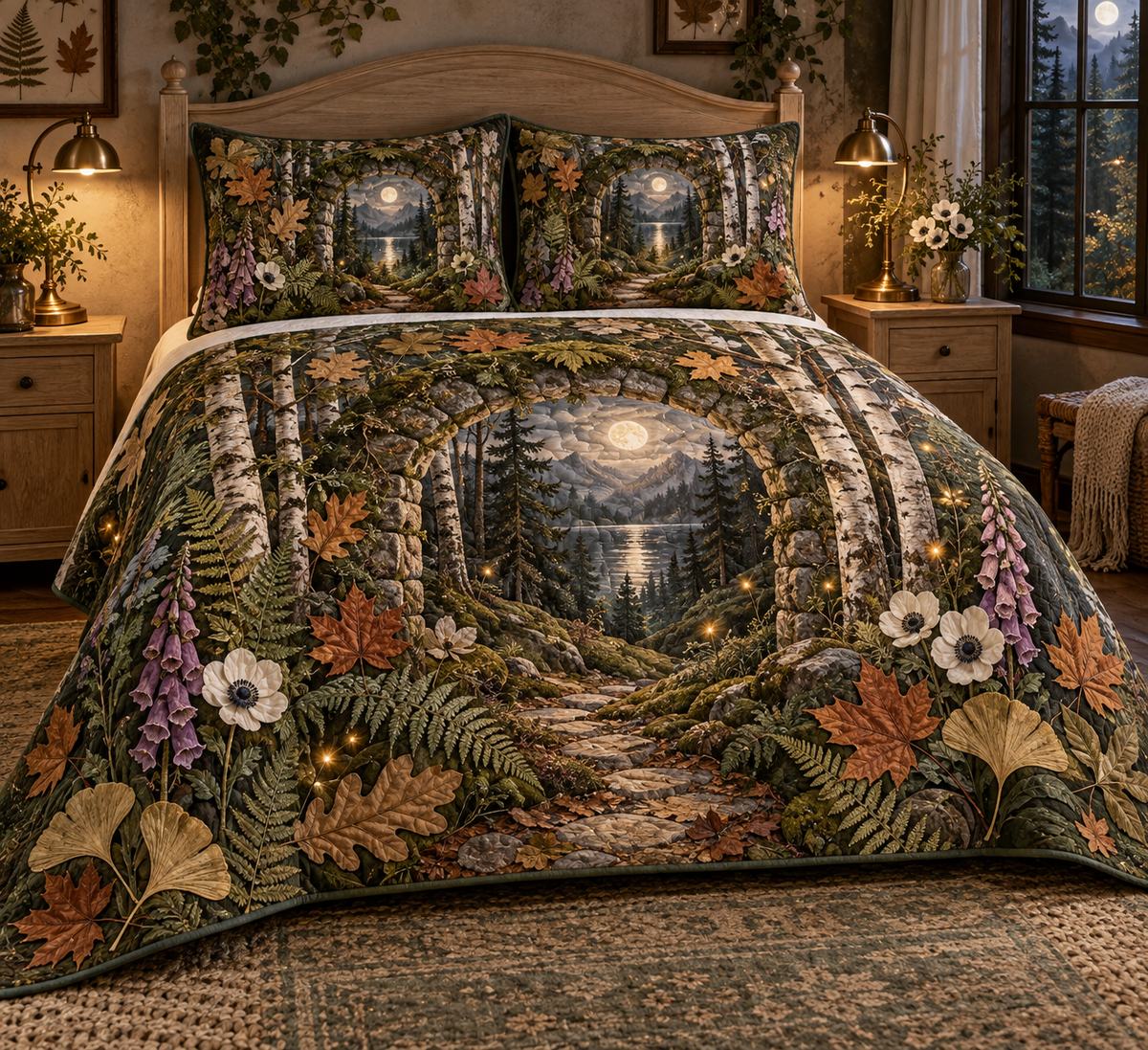 One quilted bedding set with a dramatic moonlit woodland bedroom, mossy stone arch, birch trunks, forest path, pressed fern, maple, oak and ginkgo leaves, white anemones, violet foxgloves, antique brass lamps, amber fireflies and a blank parchment name plaque.