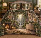 One quilted bedding set with a grand enchanted living room, mossy stone arch, birch trunks, luminous forest path, pressed fern, maple, oak and ginkgo leaves, white anemones, violet foxgloves, antique brass lanterns, amber fireflies and a blank parchment name plaque.