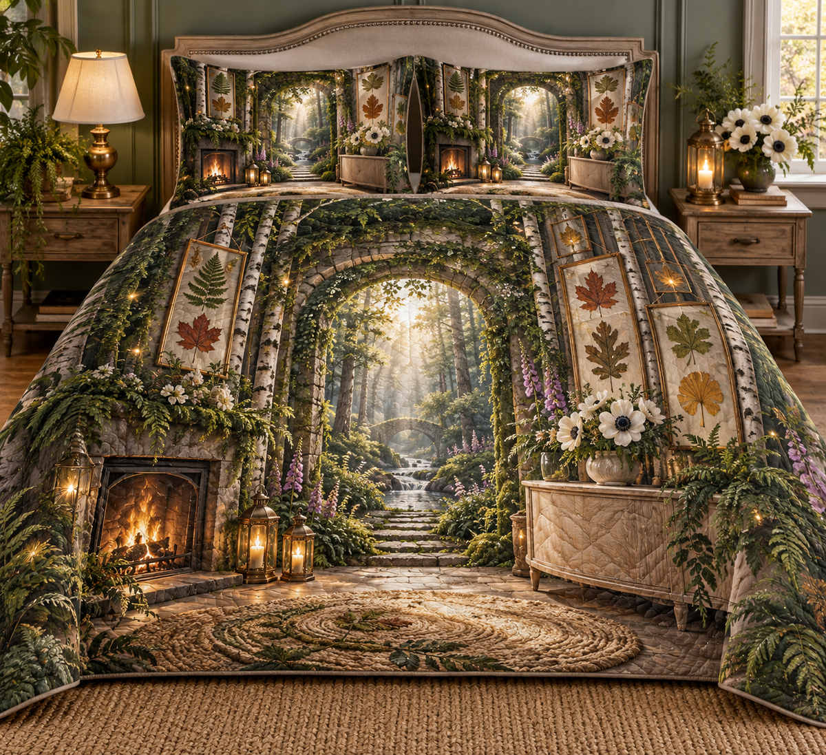 One quilted bedding set with a grand enchanted living room, mossy stone arch, birch trunks, luminous forest path, pressed fern, maple, oak and ginkgo leaves, white anemones, violet foxgloves, antique brass lanterns, amber fireflies and a blank parchment name plaque.