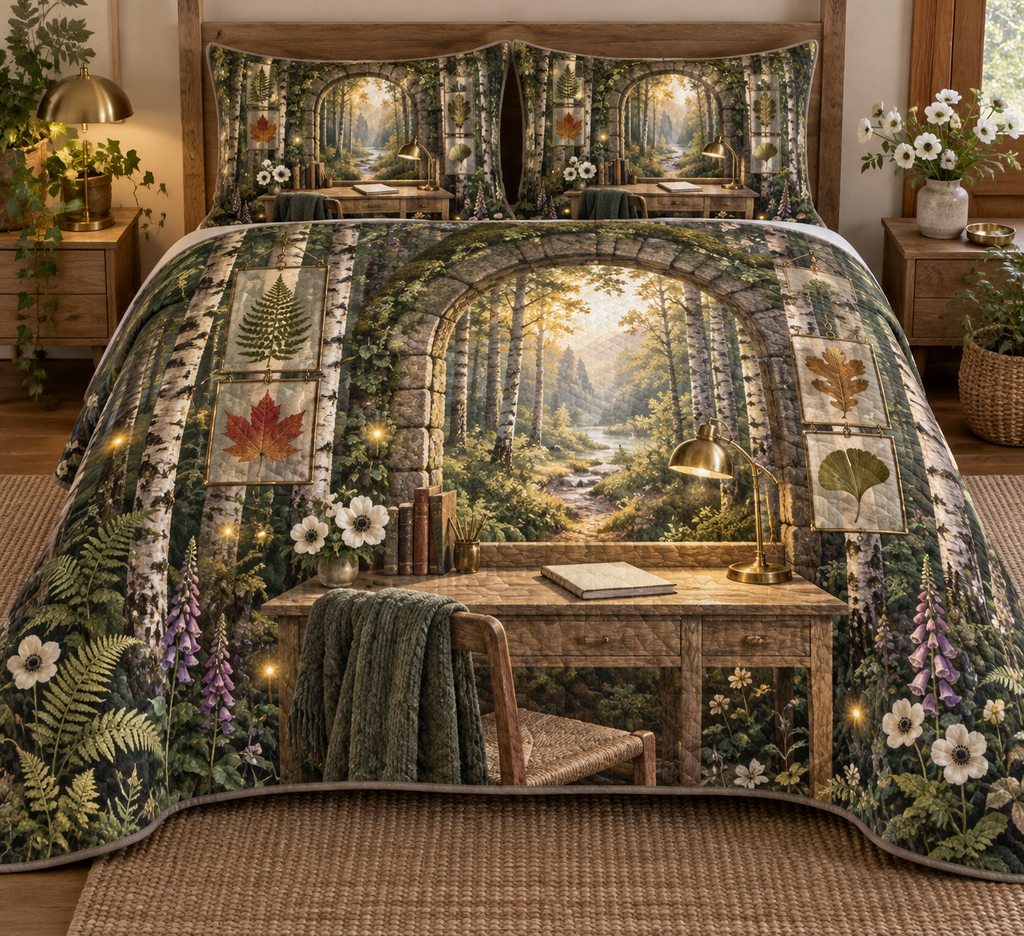 One quilted bedding set with an elegant woodland home office, mossy stone arch, birch trunks, pale-oak writing desk, brass desk lamp, luminous forest path, pressed fern, maple, oak and ginkgo leaves, white anemones, violet foxgloves and a blank parchment name plaque.