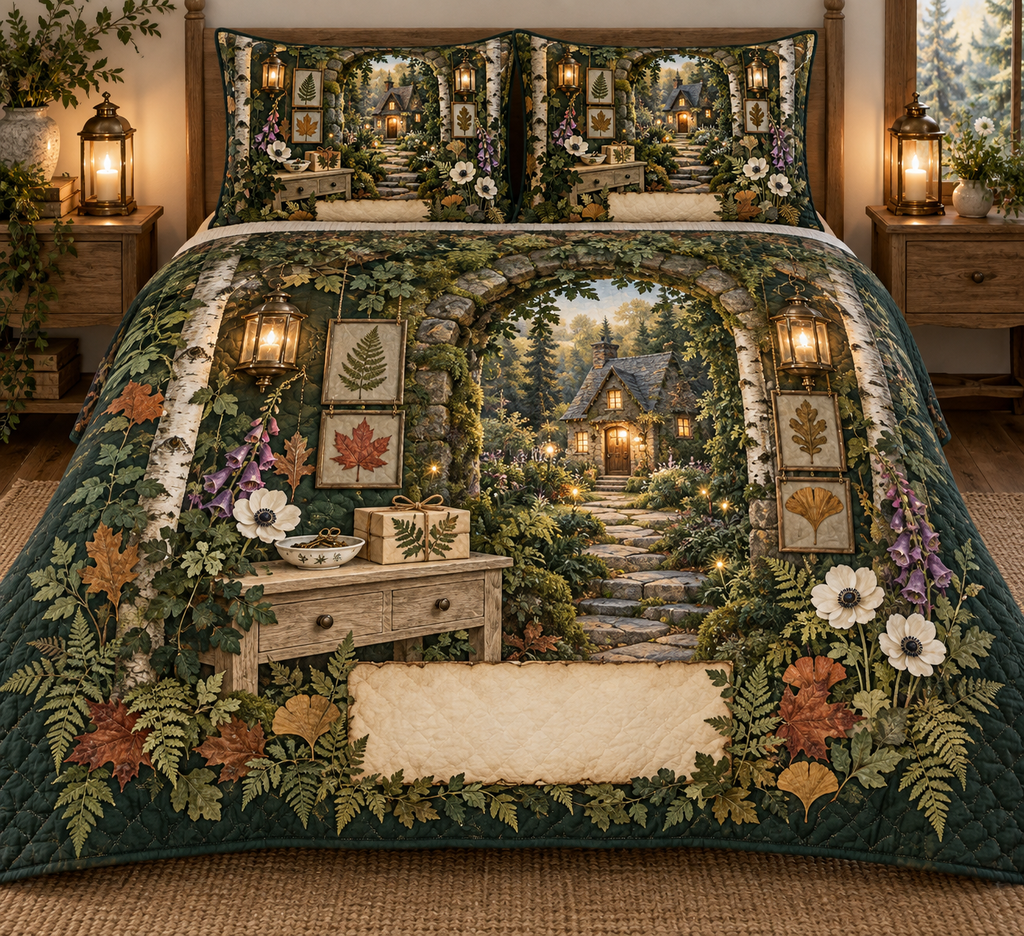 One quilted bedding set with a welcoming woodland cottage entry, mossy stone arch, birch trunks, pale-oak console, ceramic key bowl, tied botanical gift box, warm forest path, pressed fern, maple, oak and ginkgo leaves, brass lanterns and a blank parchment name plaque.