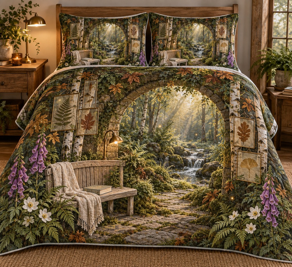 One quilted bedding set with a serene woodland retreat, mossy stone arch, birch trunks, curved pale-oak bench, folded linen throw, closed blank-cover book, gentle forest stream, pressed fern, maple, oak and ginkgo leaves, brass reading lamp and a blank parchment name plaque.