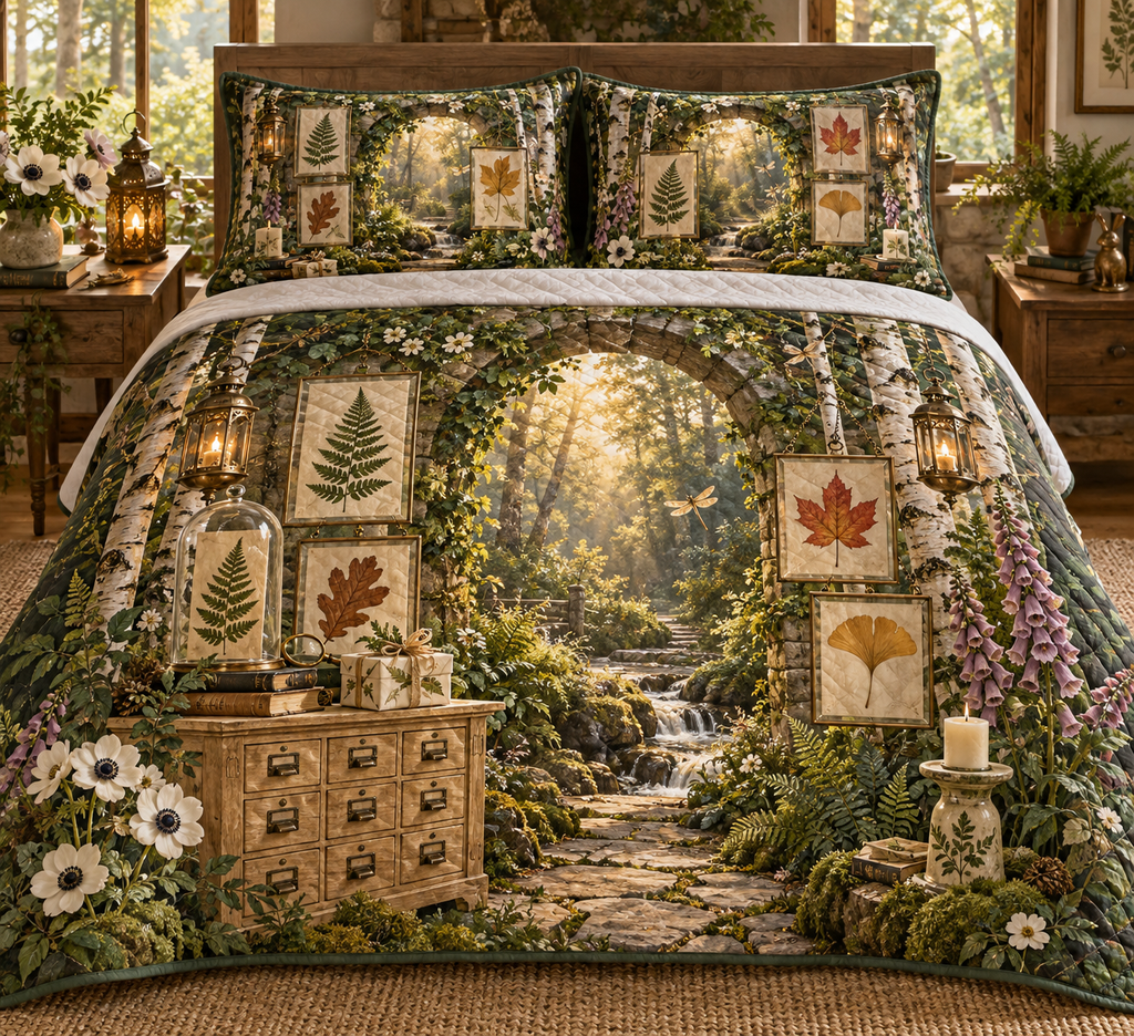 One quilted bedding set with a celebratory woodland conservatory, mossy stone arch, birch trunks, pale-oak specimen cabinet, wrapped botanical gift, unlit candle, glowing forest path, rare pressed fern, maple, oak and ginkgo leaves, brass lanterns and a blank parchment name plaque.