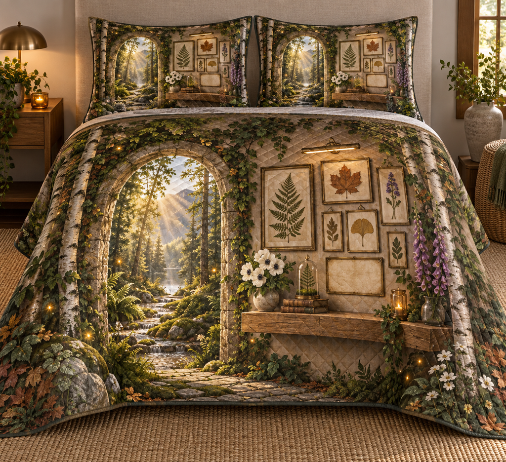 One quilted bedding set with a sophisticated compact apartment gallery, slim mossy stone arch, pale birch trunks, floating pale-oak shelf, luminous forest path, curated pressed fern, maple, oak and ginkgo leaves, brass picture lamp and a blank parchment name plaque.