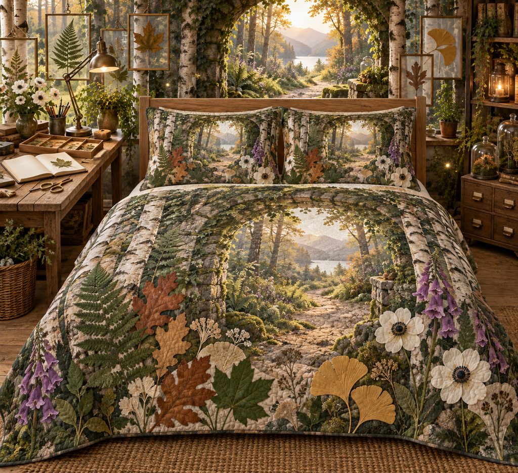 One quilted bedding set with a creative botanical hobby studio, mossy stone arch, pale-oak workbench, specimen trays, luminous forest path, layered pressed fern, maple, oak and ginkgo leaves, antique brass task lamp and a blank parchment name plaque.