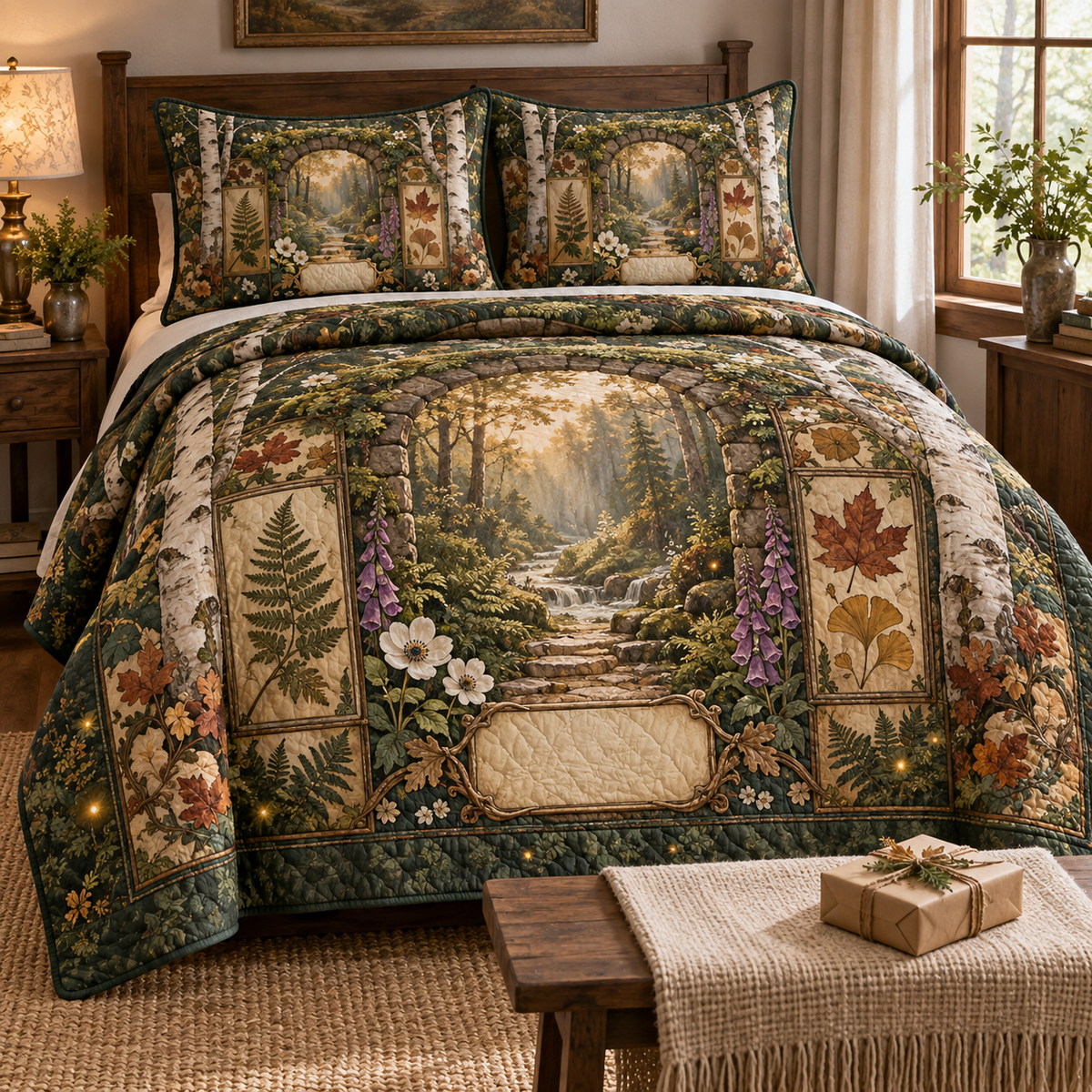 One quilted bedding set with a gracious woodland welcome, mossy stone arch, pale birch trunks, luminous forest path, pressed fern, maple, oak and ginkgo leaves, antique botanical glass panels and a blank parchment name plaque.