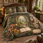 One quilted bedding set with a mossy stone reading alcove, luminous forest path, blank field journal, botanical specimen frames, chanterelle, fly agaric, morel and oyster mushrooms, fern, oak leaves, amber lanterns and a blank parchment name plaque.
