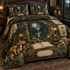 One quilted bedding set with a grand moss-covered stone arch, moonlit woodland path, blank field journal, botanical specimen frames, chanterelle, fly agaric, morel and oyster mushrooms, amber lanterns and a blank parchment name plaque.