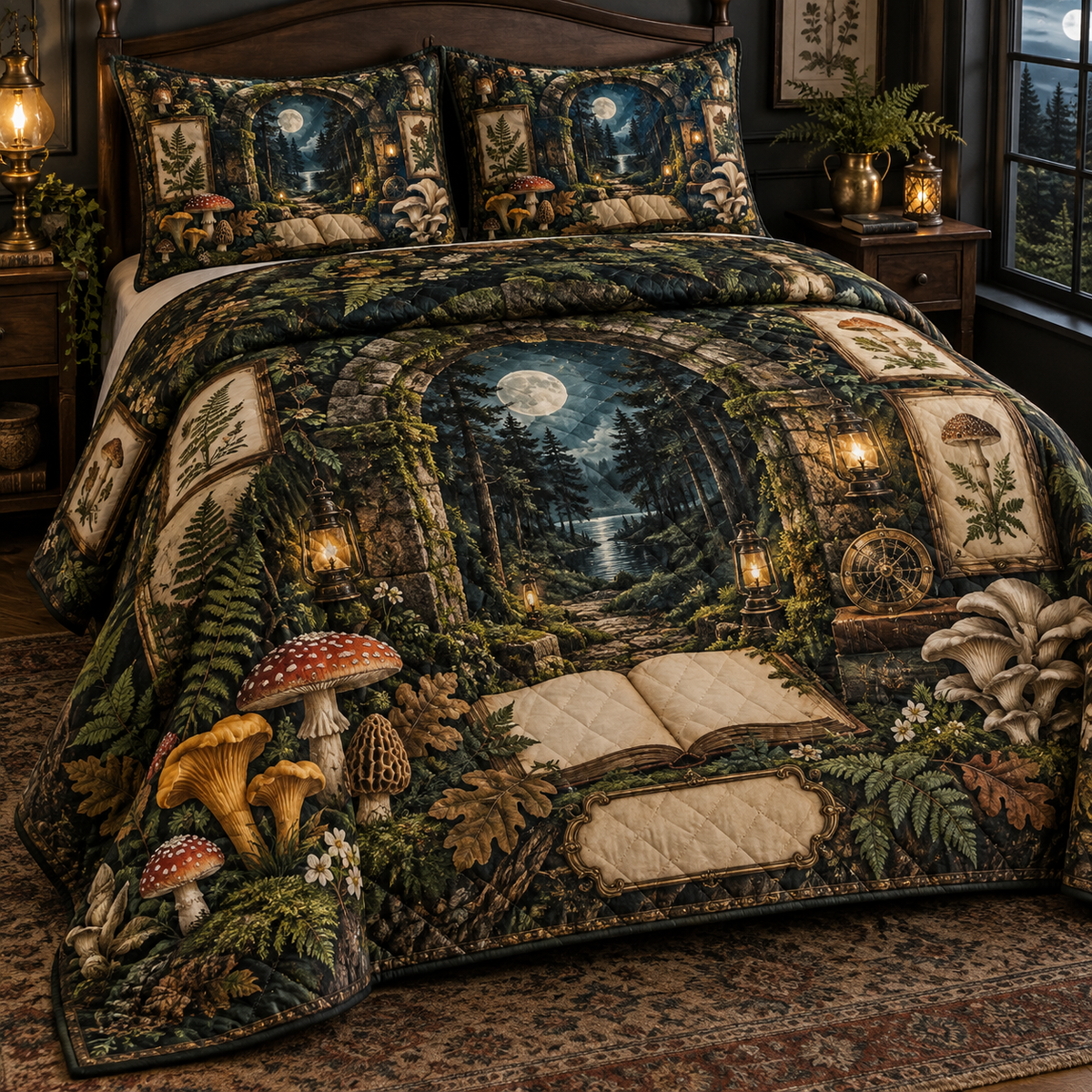 One quilted bedding set with a grand moss-covered stone arch, moonlit woodland path, blank field journal, botanical specimen frames, chanterelle, fly agaric, morel and oyster mushrooms, amber lanterns and a blank parchment name plaque.