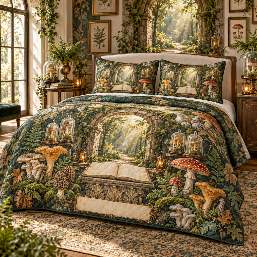 One quilted bedding set with a monumental mossy stone arch, luminous woodland path, blank field journal on a carved pedestal, botanical specimen frames, woodland mushrooms, glass cloches, amber lanterns and a blank parchment name plaque.