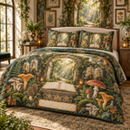 One quilted bedding set with a monumental mossy stone arch, luminous woodland path, blank field journal on a carved pedestal, botanical specimen frames, woodland mushrooms, glass cloches, amber lanterns and a blank parchment name plaque.