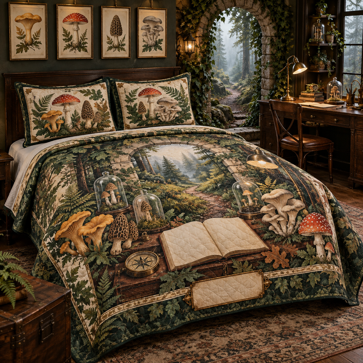 One quilted bedding set with an ivy-covered stone study arch, misty woodland trail, blank field journal, brass-framed mushroom specimen plates, woodland mushrooms, vintage compass, glass cloches and a blank parchment name plaque.
