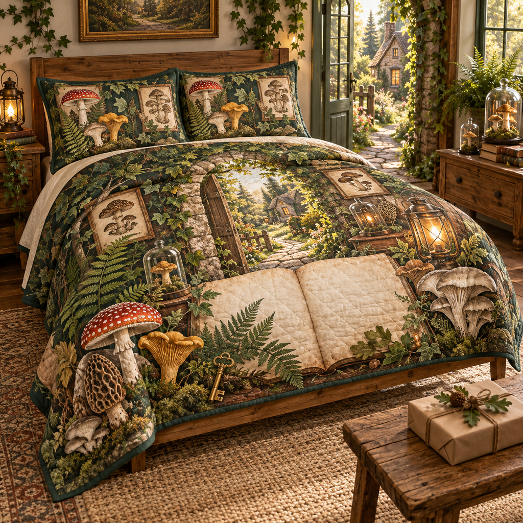One quilted bedding set with an ivy-covered stone doorway, sunlit forest cottage path, blank field journal, mushroom specimen frames, woodland mushrooms, brass house key, glass cloches, amber lanterns and a blank parchment name plaque.