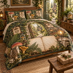 One quilted bedding set with an ivy-covered stone doorway, sunlit forest cottage path, blank field journal, mushroom specimen frames, woodland mushrooms, brass house key, glass cloches, amber lanterns and a blank parchment name plaque.