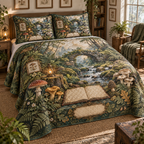 One quilted bedding set with a tranquil mossy stone arch, gentle stream, blank field journal, small mushroom specimen frames, woodland mushrooms, soft ferns, oak leaves, amber lantern and a blank parchment name plaque.