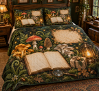 One quilted bedding set with a blank field journal, mushroom specimen frames, woodland mushrooms, ferns, oak leaves, antique magnifying glass, tiny wrapped gift, amber lantern and blank parchment name plaque.