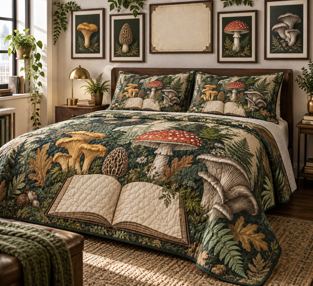 One quilted bedding set with a blank field journal, five framed mushroom studies, layered ferns, oak leaves and a blank parchment name plaque in a refined apartment gallery style.